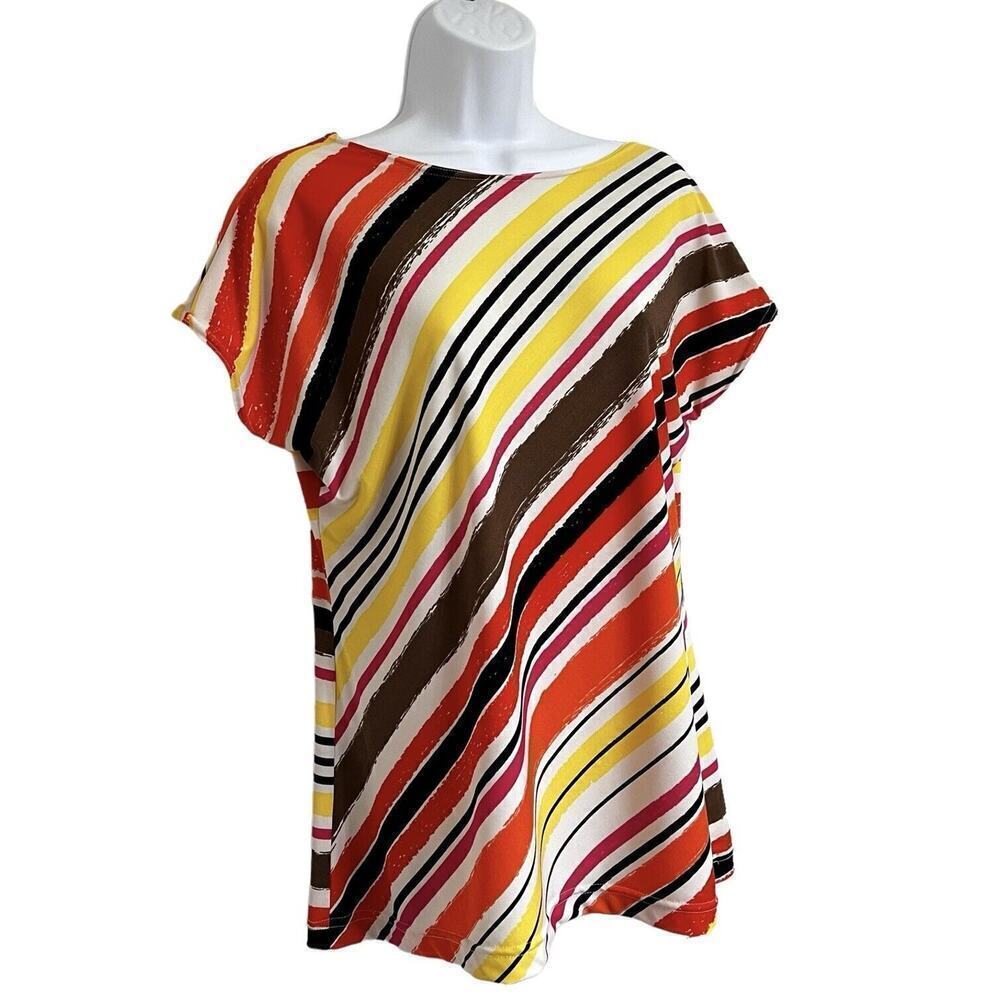 Peck & Peck Striped Pullover Top Boat Neck Cap Drop Shoulder Sleeves Multicolor